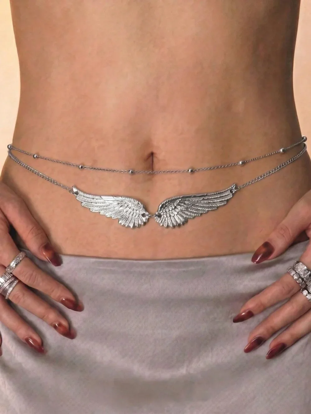 Silver Sexy Women's Angel Wings Metal Beaded Beach Waist Chain Set
